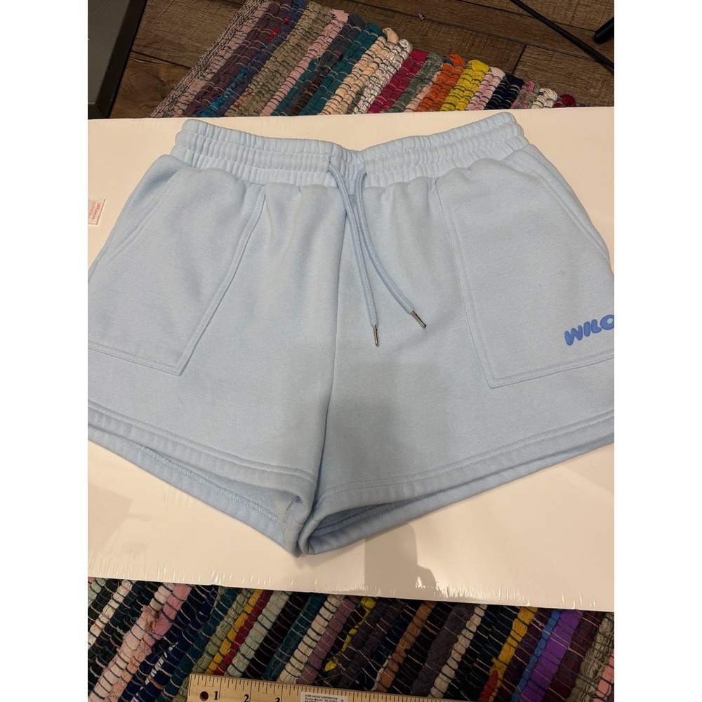 Wilo The Label Logo Fleece Jog Shorts Womens Large Blue Pockets Loungewear NWT